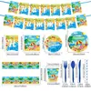 Festa na Piscina de Verão Festa de Aniversário Decoração de Ambiente Pratos de Papel Descartáveis Copos de Papel Guardanapos de Papel Toalha de Mesa Conjunto de Faca, Garfo e Colher