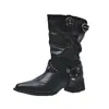 Botines Vaqueros Cortos para Mujer, Tacón Grueso Adelgazante, Punta Negra Puntiaguda, Botas de Jinete Plisadas, Botas Cortas de Motocicleta Martin Vintage
