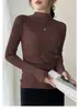 Camiseta Básica Cuello Medio Otoño e Invierno Nueva Ajustada Cálida de Polar Manga Larga para Mujer Color Sólido Top Versátil