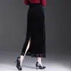 Saia de renda com veludo preto para mulheres, nova coleção outono 2026, cintura alta, comprimento médio, saia reta elegante para o trabalho