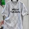 Top Casual de Verano de Manga Corta con Encaje Empalmado de Moda para Mujer, Holgado, con Letras, Talla Grande, mm, Adelgazante, Elegante