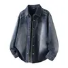 Camisa de mezclilla lavada y desgastada estilo retro americano talla extra para hombre, estilo primavera y otoño, corte holgado, texturizada, camisa tipo chaqueta con cuello, moderna