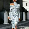 Transfronterizo Nuevo Estampado Digital Casual Personalidad Moda Temperamento Vestido de Manga Larga Hombros Descubiertos Falda Primavera y Otoño Mujer