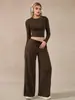 Conjunto de Dos Piezas Estilo Perezoso Europeo y Americano Top Corto Marrón de Manga Larga Pantalones Casuales de Pierna Ancha Traje de Moda y Cómodo para Mujer