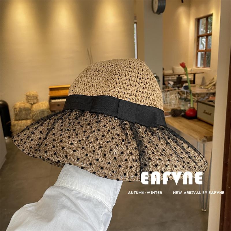 法式洋气波点网纱镂空渔夫帽遮阳帽子女草帽盆帽度假旅行水桶帽