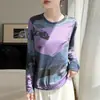 Pintura de Tinta China de Primavera y Otoño Manga Larga/Manga Larga Estampada de Moda Talla Extra Cuello Redondo Malla Transpirable Top Adelgazante para Mujer Corte Regular