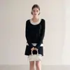 Top de tricô de manga longa, estilo duas peças color block para mulheres, perfeito para o início do outono, com um caimento relaxado e confortável, e uma sensação suave e aconchegante