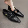 Sapatos Mary Jane de pele de ovelha super macia, estilo francês, bico fino, salto baixo para mulheres, adequados para combinar com saias, confortáveis para os pés, com salto plataforma baixo e design raso