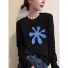 Camiseta de manga larga acanalada de algodón puro azul marino, nuevo estilo 2026, top elegante para mujer de principios de otoño, extremadamente atractivo