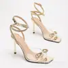 Zapatos de Tacón Alto de Moda de Verano con Pedrería y Correa al Tobillo, Cómodos, Transpirables, Elegantes, de Lujo Ligero para Mujer, Sandalias de Tacón de Aguja con Punta Cuadrada