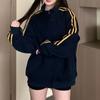 Jaqueta Cardigan Suéter com Forro de Lã, Espessado, Estilo Americano, Marca da Moda, Fita de Três Barras, Estilo Esportivo, Gola Vertical, Caimento Solto, Zíper