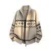 Cardigan Tricotado Jacquard Estilo Fair Isle Retrô Masculino Outono Inverno Solto Estilo Preguiçoso Gola Alta Zíper Casaco Suéter Versátil Tendência