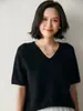 Top de Punto de Manga Corta de Hilo de Cachemira para Mujer, Camiseta Interior de Lana con Cuello en V, Nuevo Estilo Versátil Europeo y Americano de Principios de Otoño