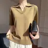 Camiseta de Punto para Mujer de Verano, Estilo Nuevo, Hilo Puntado de Lino Tencel, Cuello Solapa, Manga Corta, Top Delgado, Jersey