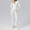 Chamarra de fitness de manga larga con cremallera y cuello alto con bolsillos, leggings de yoga sin costuras de cintura alta, conjunto de dos piezas para correr y fitness