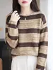 Outono/Inverno 2026 Novo Veludo de Arroz Glutinoso Gola Redonda Tricô Manga Longa Feminino Vazado Listras Color Block Camisa Básica Solta