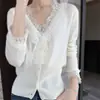 Cardigã de Renda e Cashmere Feminino Gola V Outono/Inverno Novo Estilo Botões Emagrecedor Cobre Defeitos Top Francês Tricô 100% Lã Jaqueta