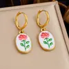 Pendientes de aro con colgante de flor de rosa vintage de goteo de aceite transfronterizos de moda, pendientes colgantes de flor ovalada de acero inoxidable chapado en oro