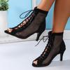Sapatos femininos plus size transfronteiriços 2024 nova moda saltos agulha malha vazada sandálias sexy moda cadarço tecido