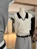 Top de Punto con Cuello en Contraste para Mujer Verano Manga Corta Delgado Holgado Estilo Francés Elegante Camisa Polo Combinación de Colores Sencilla Camiseta