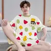 Pijama Masculino de Verão, Shorts de Manga Curta, Estilo Cartoon Solto para Estudantes Plus Size, Conjunto Casual para Casa Juvenil