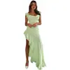 Estilo Europeu e Americano 2026 Primavera Novo Moda Feminina Cor Sólida Elegante Sexy Slim-Fit Fenda Lateral Vestido Personalizado com Babados