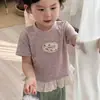 Novo Vestuário Infantil de Verão 2025 Estilo Coreano Camiseta de Renda para Meninas Top Estiloso de Manga Curta Infantil Princesa