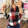 Camiseta de manga larga con cuello en V y estampado a cuadros para mujer, nueva camiseta de comercio exterior europeo y americano WISH para primavera y otoño