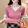 Blusas Quentes para Mulheres no Outono e Inverno, Renda Aveludada e Espessa com Decote V Roupas de Outono, Camisetas Básicas Justas, Tops para Usar por Cima