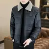 Jaqueta Masculina Curta Tendência Slim Fit Gola de Lã de Cordeiro Couro PU Casaco de Algodão Quente Espesso Roupa de Inverno