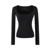 Camiseta Feminina de Outono Manga Longa Estilo Desejo Puro com Decote U Grande, Barra Franzida e Design de Bolso, Top Camada Base Slim-Fit