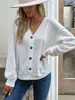 Outono e Inverno 2025 Europeu e Americano Exportação Transfronteiriça Temu Roupas Femininas Amazon Cor Pura Botão Gola V Solta Manga Longa Camiseta para Mulheres