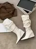 Moda Europea y Americana Punta Fina Fruncidos Tacón Cuña Hasta la Rodilla Botas de Mujer 2026 Nuevas Botas de Motocicleta de Tacón Alto