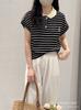 Suéter de Punto de Solapa Casual Elegante de Estilo Coreano Nuevo de Verano 2024 a Rayas en Contraste de Color Suelto de Manga Corta Top Combinable para Mujer