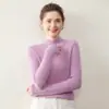 Outono/Inverno 2025 Nova Camisa Básica Feminina de Caxemira Pulôver Regular Peça Única Manga Longa Ombro Caído Gola Alta Meia Costela