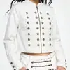 Palacio de Subcultura Ins Transfronterizo Estilo Vintage Chaqueta Corta de Mezclilla con Hebillas Metálicas de Doble Fila, Cuello Alto, Cremallera, Diseño Corto Ajustado