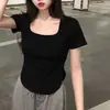 Atacado de Comércio Exterior Verão Gola Quadrada Slim Fit Versátil Irregular Curta Algodão Manga Curta Camiseta para Mulheres Baixinhas