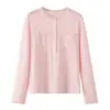 Camada Base Manga Longa Cor Sólida Gola Henley para Mulheres Bolso Duplo Camiseta Solta Estilo Casual Preguiçoso Comércio Exterior Transfronteiriço Roupa Feminina
