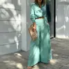 2026 Comercio Exterior Transfronterizo Ropa de Mujer Europea y Americana Verano Nuevo Estilo Casual Color Sólido Camisa de Manga Larga Pantalones de Pierna Ancha de Cintura Alta Conjunto