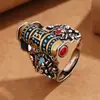 Anillo de turquesa retro dominante giratorio glotón mantra de seis palabras de seis ojos del cielo tibetano Dapeng para hombre