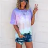 2024 Amazon deseo verano nuevo europeo y americano transfronterizo teñido anudado degradado estampado holgado camiseta top para mujer