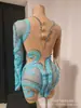 Vestido de Malla Europea y Americana con Pedrería para Mujer, Fiesta de Cumpleaños, Manga Larga, Transparente, Azul Cielo, Sexy, Atuendo para Baile de Graduación