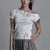 Camiseta de verano Y2k estilo coreano, personalidad vintage, chica popular, estilo Ins, con estampado de letras desgastado, hombros descubiertos y diseño de cordón