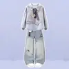 Moletom fino estilo japonês para meninas, para primavera e outono, doce e fresco, manga longa, jeans soltinho confortável com desenho, conjunto versátil moderno de duas peças