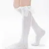 Calcetines finos hasta la rodilla para bebés con moños, estilo princesa Lolita, calcetines altos blancos con red