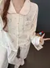 Pijama Feminino Novo Estilo Algodão Nuvem Gola Peter Pan, Manga Longa e Calça, Conjunto de Homewear Fino com Estampa de Desenho Animado Doce, Atacado Transfronteiriço