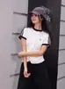 Camiseta de Manga Corta a Rayas con Tres Rayas de Verano para Mujer, Corte Ajustado, Estilo Americano, Hombro Normal, Top Corto