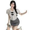 Camisa de Manga Corta a Rayas con Lazo para Chica Sexy para Mujer Verano Encaje Costuras Cuello de Muñeca Diseño con Sentido Vestido Corto Traje de Moda