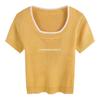 2024 Nuevo Estilo de Verano Color Contrastante Manga Corta Tejido de Punto Diseño Nicho Look Adelgazante Deseo Puro Top Corto de Punto para Mujer