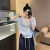 Blusa de Tricô com Capuz de Manga Curta Falsa de Duas Peças Estilo Japonês para Mulheres, Verão Azul Gelo Seda Camiseta Moletom, Top Estilo Preguiçoso